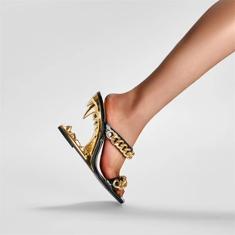 Big Gold Chain Peep Toe Tiger Teeth Heel Sandals 2024 New Fashion Silvery Beach Party Outdoors Women's Slippers Size 35-43