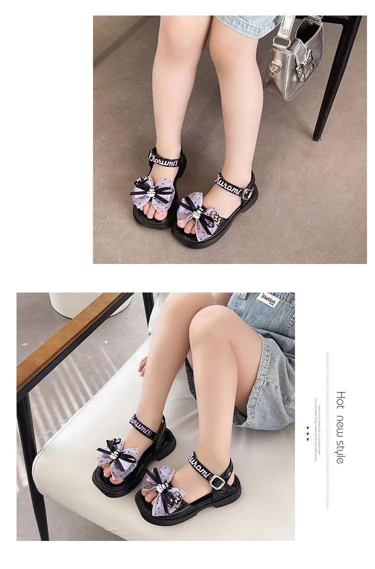 Kids'Sandals Kuromi PU Leather Bow Flat Spring Shoes For Girls Anti-slip Soft Thick Bottom White Black Shoes Size 25-36