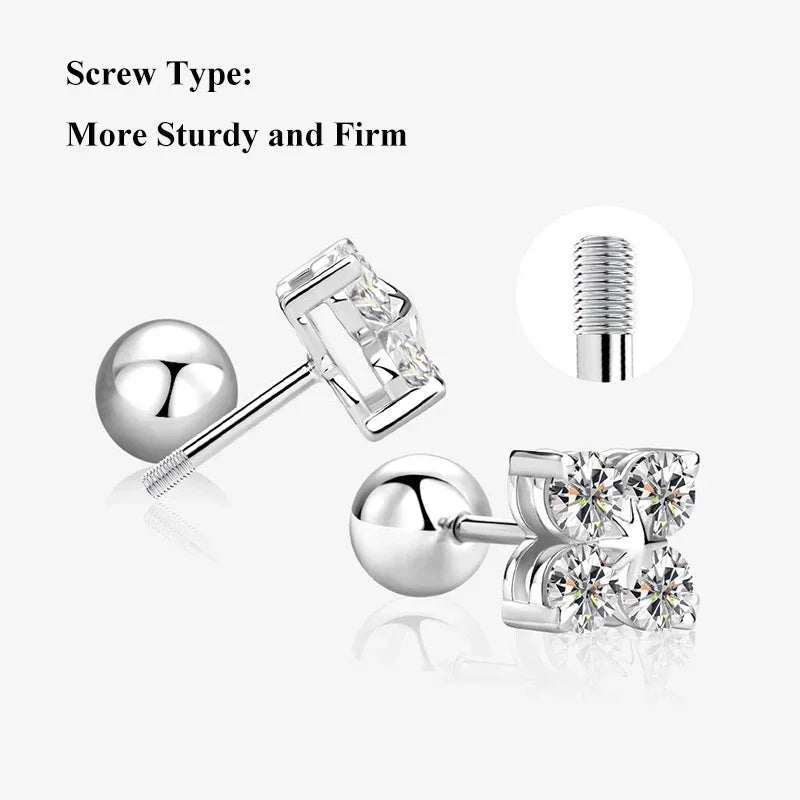 4-Stone Clover 0.8cttw Full D Color Moissanite Screw Earrings for Women Girls S925 Silver 3mm Pass Diamond Test Ear Stud