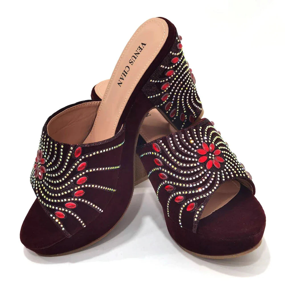 Women's Shoes High Heels Sexy Ladies Party Wedding Pattern Embroidery Mules Shoes and Bags Set for Italian