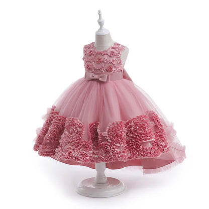 Summer Flower Party Girls Dress Christmas Costume Tulle Trailing Bridesmaid Princess Kids Dresses for Girl Wedding Birthday Gown