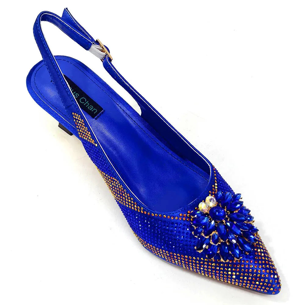 Italian Design Rhinestone Luxury Green Colour Pointed Toe Shoe & Bag Set Women's High Heels for Parties High Quality