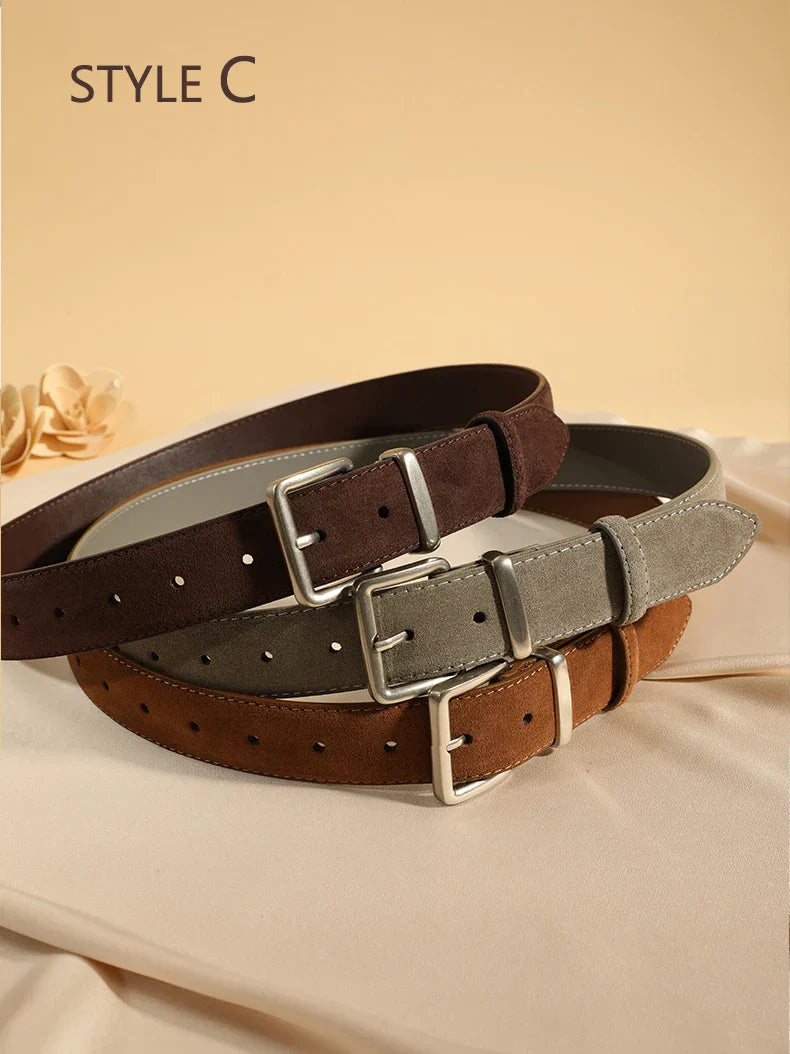 Luxury Suede Cowhide Leather Belt for Women, Vintage Style with Gold Buckle, 3.3cm Wide Waistband for Dresses & Jeans