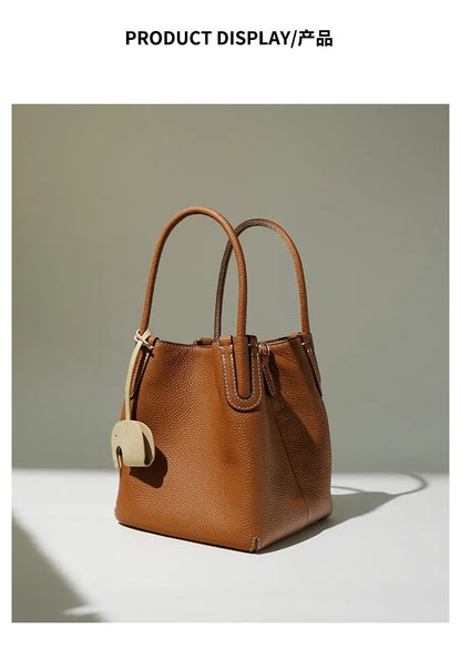 Head Layer Cowhide Vegetable Basket Bag Genuine Leather Cell Phone Crossbody Bag Commuter Shoulder Bucket Bag