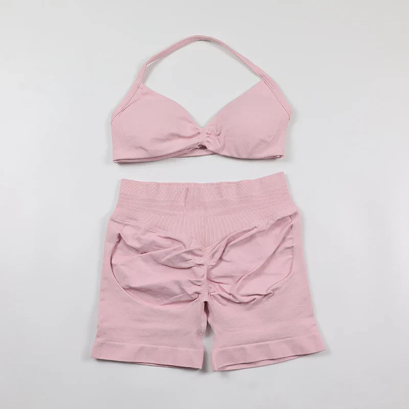Scrunch Seamless Yoga Set Women Sportswear Ribbed Gym Shorts Strappy Sports Bra 2 Piece Set Halter Workout Clothes Fitness Suit