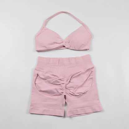 Scrunch Seamless Yoga Set Women Sportswear Ribbed Gym Shorts Strappy Sports Bra 2 Piece Set Halter Workout Clothes Fitness Suit