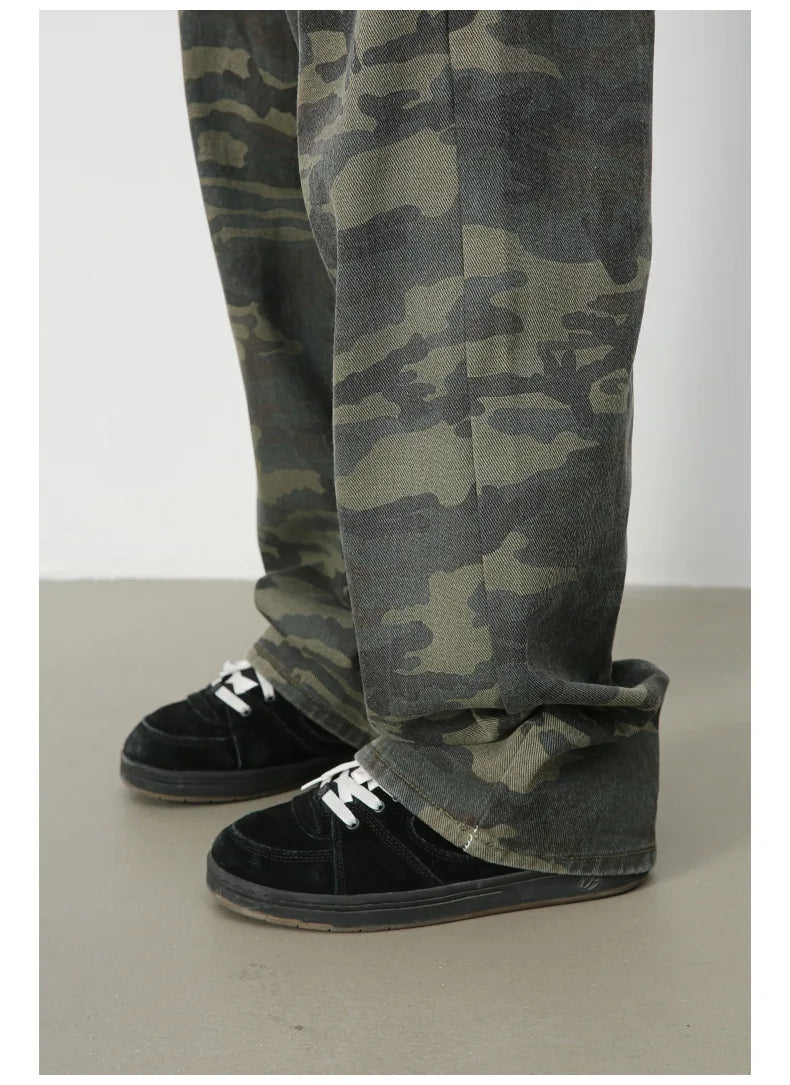 Tide Camouflage Jeans Men's Ins Loose Straight Wide Leg Casual Denim Pants Loose Male Trousers 12C2036