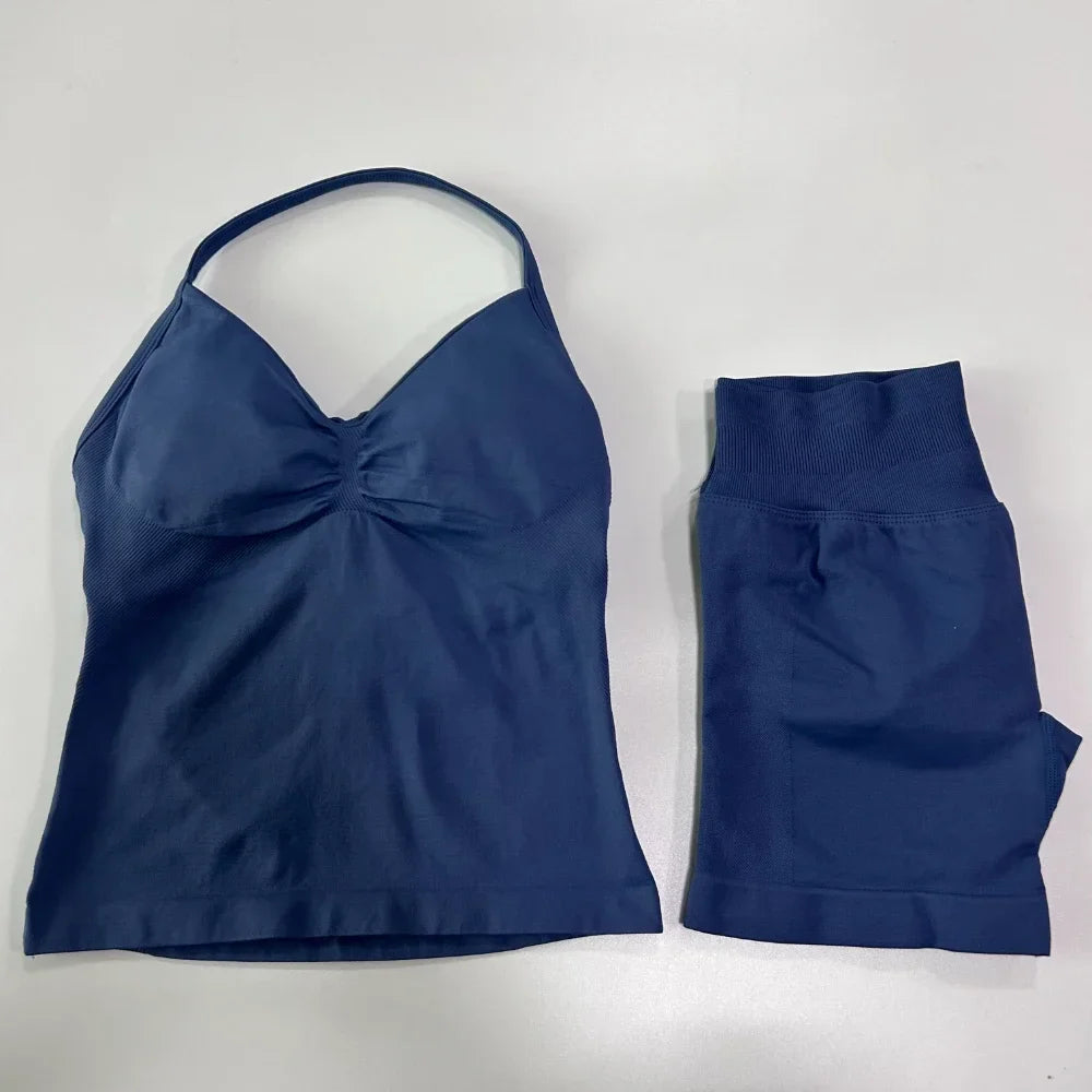 No Logo 2 Pieces Sports Set Workout Clothes Shorts Sets Gym Strappy Top Scrunch Shorts Yoga Clothing Gym Set