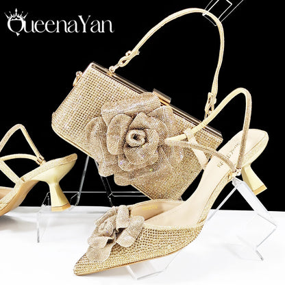 Large Flower Design Shoes & Bag Nigerian Coffee Color Women's Stiletto Shoes For Special Good Time INS Style