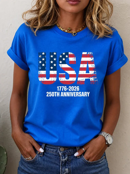 Women's 250th Anniversary 1776-2026 T-Shirt USA American Flag Print 4th of July Patriotic Casual Short Sleeve Tops