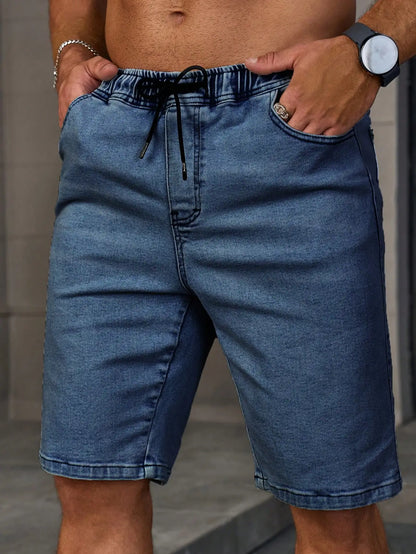 Men's summer denim shorts. With a drawstring elastic waist design. For daily casual wear. Trendy and fashionable.