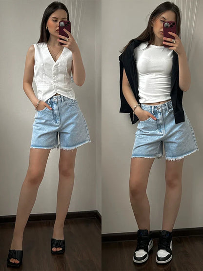 Streamgirl Blue Women's Denim Shorts Summer High Waist Casual Chic Loose Jean Shorts For Women Summer 2025 Denim Short Femme