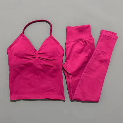 2Piece Sports Gym Set Women Longline Strappy Top Fitness Clothes Seamless Yoga Set Running Workout Sports Leggings Sets