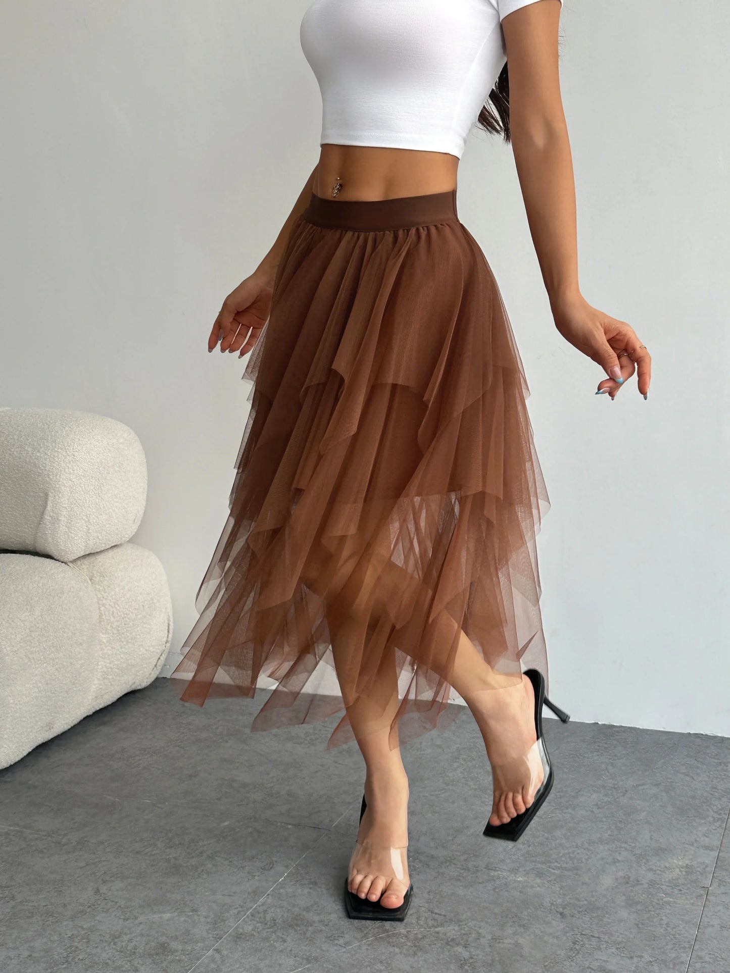 Ladies' high waisted elastic waist layered chiffon midi skirt with irregular asymmetric hem party casual mesh fairy ballet skirt
