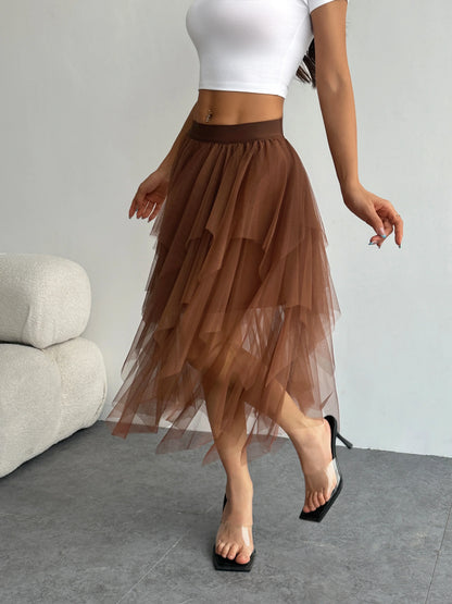 Ladies' high waisted elastic waist layered chiffon midi skirt with irregular asymmetric hem party casual mesh fairy ballet skirt