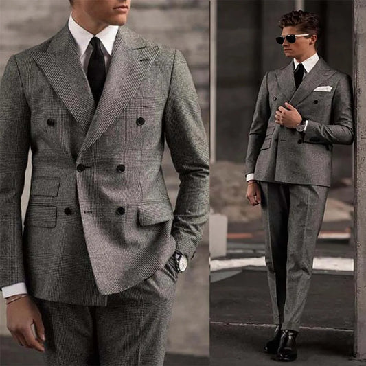 Welsh Check Suit‌ Men's Tuxedo Suit Peak Lapel Double-Breasted Wedding Business Banquet 2Pcs（Jacket+pants) Man Business Suits