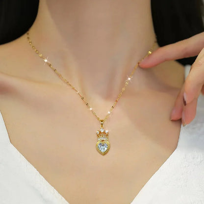 Crown Love Full of Rhinestones Sparkling Micro-Inlaid Design Simple Ladies Wedding Gift Pendant Necklace