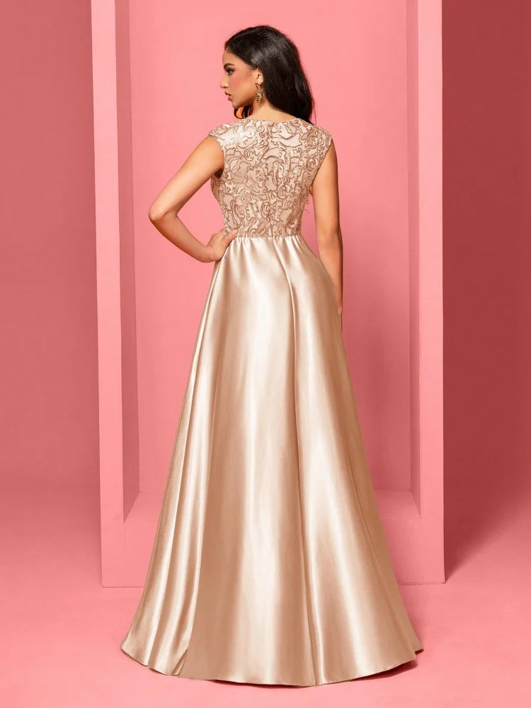 New Luxury Gold Satin V-Neck Sequins Embroidery Formal Evening Dresses Women Long Elegant Wedding Party A-line Cocktail Gowns