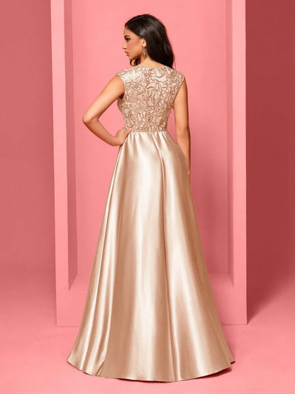 New Luxury Gold Satin V-Neck Sequins Embroidery Formal Evening Dresses Women Long Elegant Wedding Party A-line Cocktail Gowns