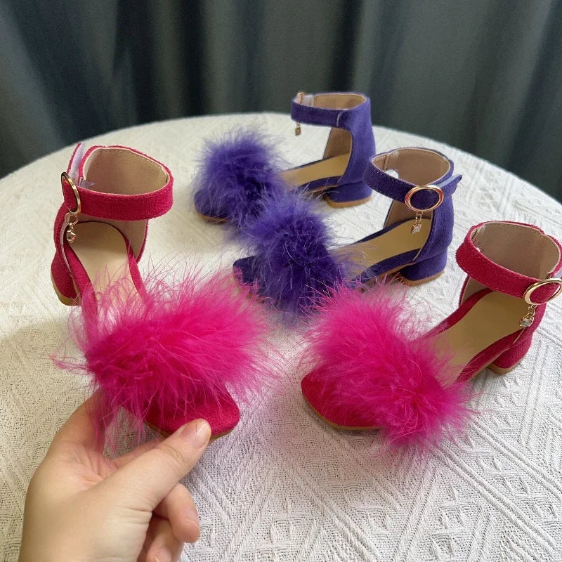 Toddler Girls Sandals Summer Low-heels Children's Sandals Open-toe Princess Fluffy New Versatile Kids Fashion Ankle-strap Shoes