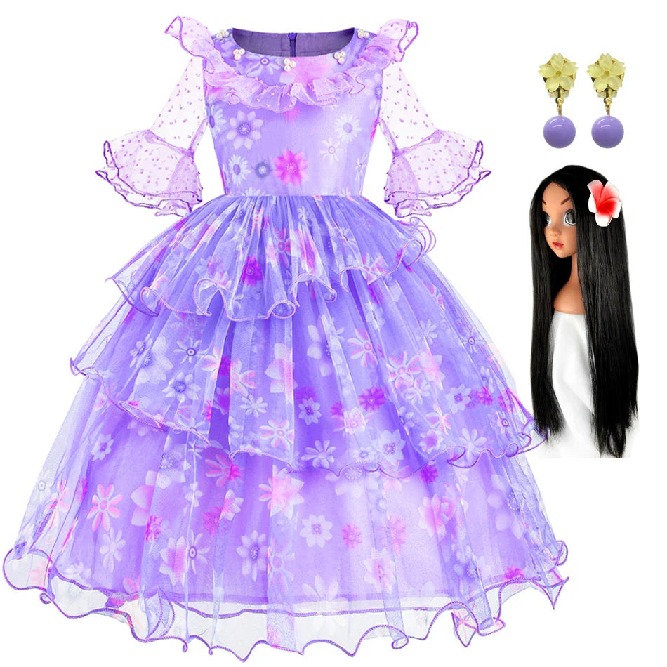 Encanto Isabela Costume Dress For Kids Girl Flare Sleeve Princess Dress Fiower Gown Halloween Christmas Birthday Party Outfits
