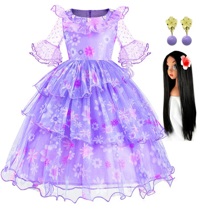 Encanto Isabela Costume Dress For Kids Girl Flare Sleeve Princess Dress Fiower Gown Halloween Christmas Birthday Party Outfits