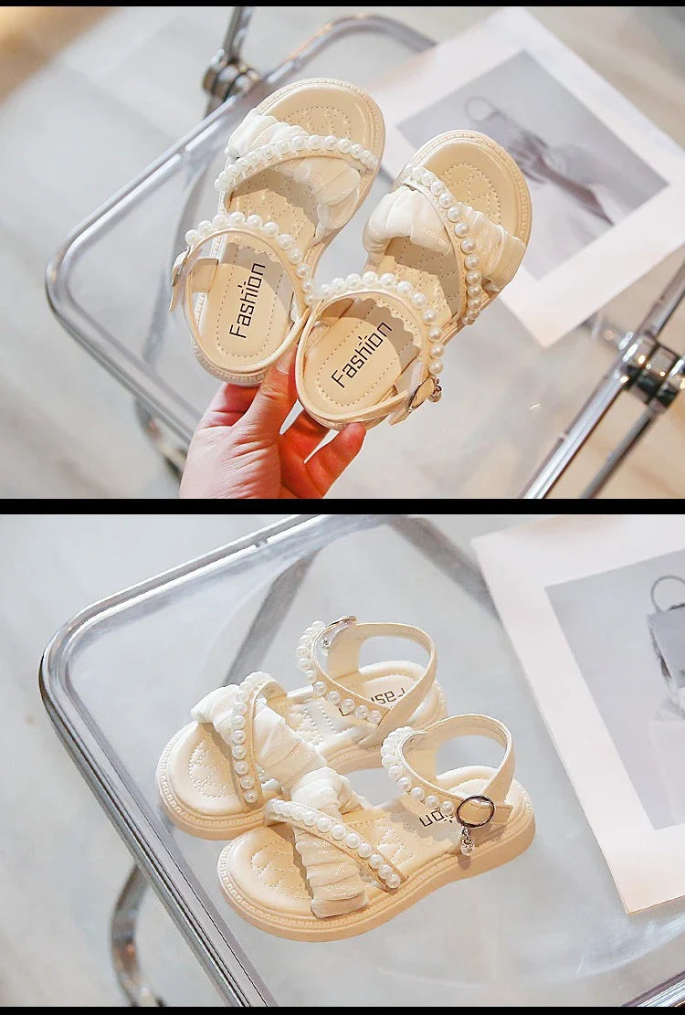 Chic Girls Pearl Flat Sandals 2026 Summer Baby Princess Girls Children Beige Dance Performance Shoes Girl Platform Sandal G05223