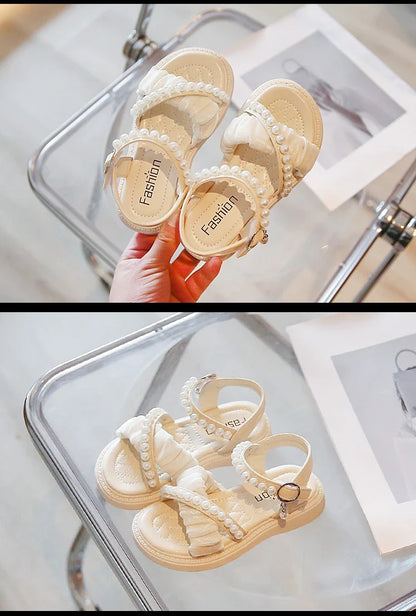 Chic Girls Pearl Flat Sandals 2026 Summer Baby Princess Girls Children Beige Dance Performance Shoes Girl Platform Sandal G05223