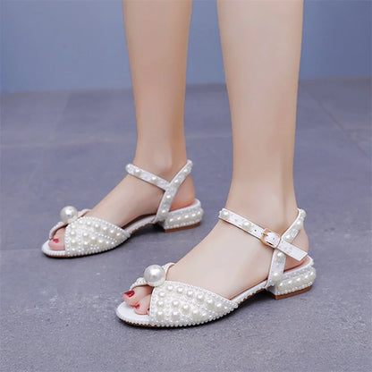 Summer new 2-cm square-heeled silk ribbon pearl rhinestone low-heeled wedding shoes beaded lace-up flat large-size women sandals