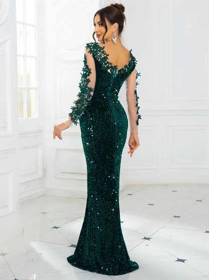 Vestido Longo Elegante de Noite em Veludo com Renda e Paetês, Costas Abertas, Vazado, Manga Comprida, para Formatura e Festa de Casamento