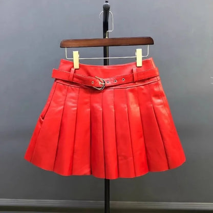 Autumn Women Sweet Sheepskin Genuine Leather Pleated Skirt High Waist Belt Fashion Casual Party Solid Color A Line Short Skirts