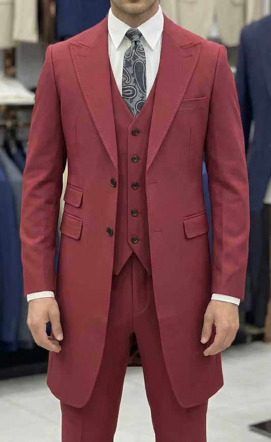 2026 New Fashion Men's Burgundy Blue 3-Piece Suit Long Blazer Vest Pants Set  Set Slim Fit Formal Wedding Groom