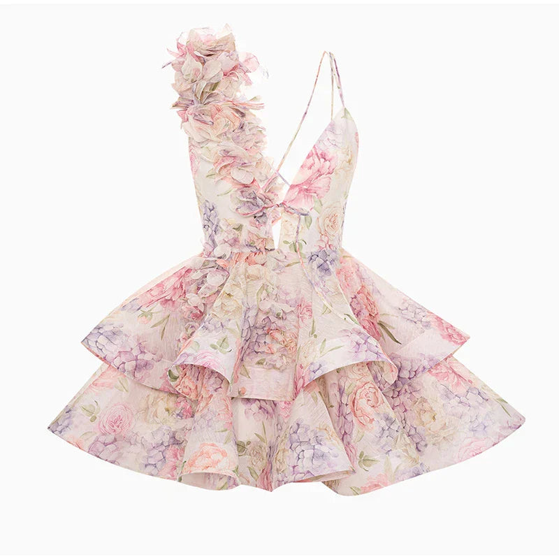 Backless Party Dress Women Elegant 3D Flower Print Sling Lace Up Ruffle A-line Mini Evening Dresses Female 2025 Summer Swimwears