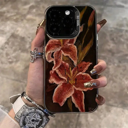 Painting Lily Flower Phone Case For iPhone 17 Air 16 15 14 13 12 11 Pro Max 7 8 Plus Black Hard Cover