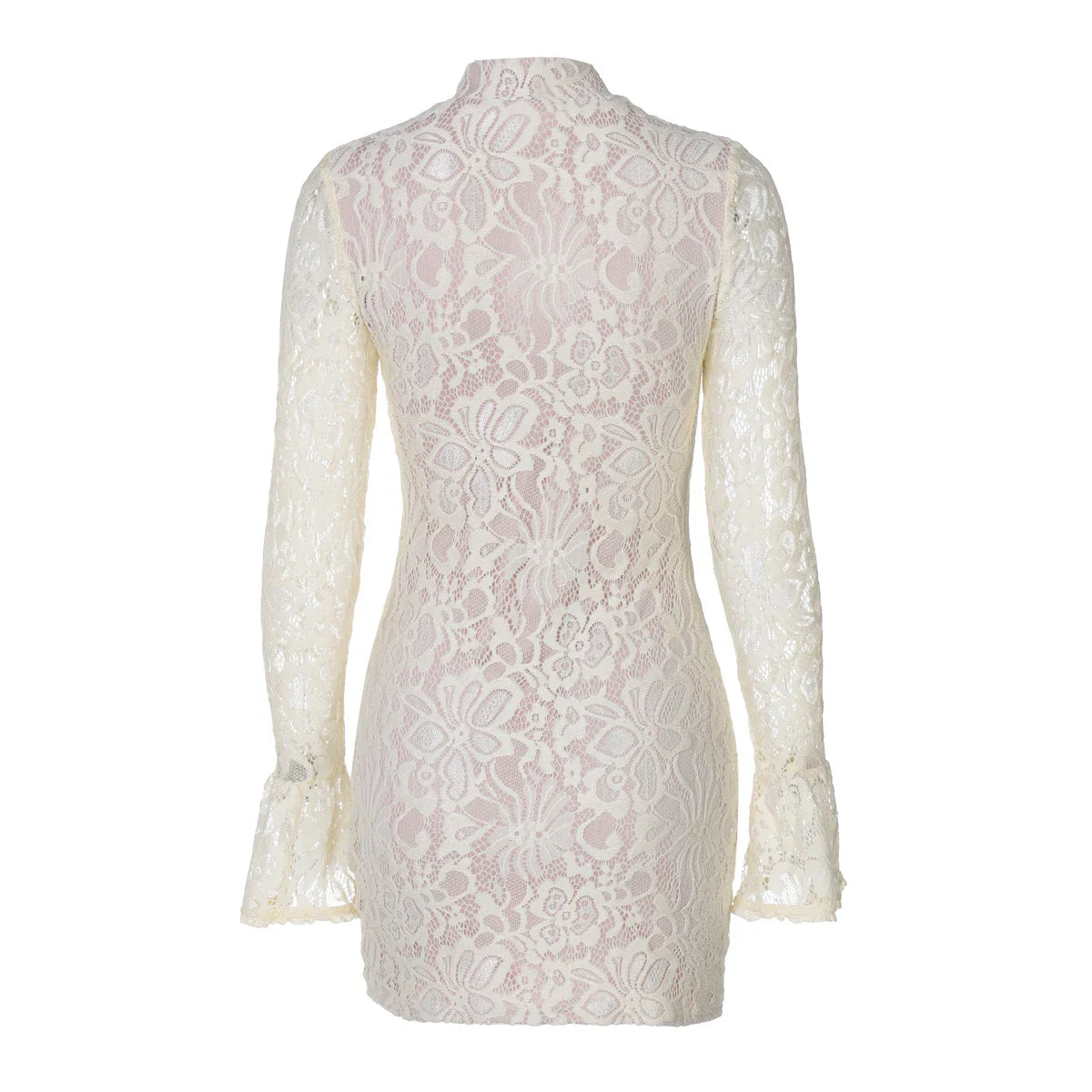 Turtleneck Long Flare Sleeve Patchwork Lace Hollow Out Button Sexy Mini Dress 2025 Spring Women Clothes Party Nightclub
