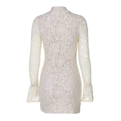 Turtleneck Long Flare Sleeve Patchwork Lace Hollow Out Button Sexy Mini Dress 2025 Spring Women Clothes Party Nightclub