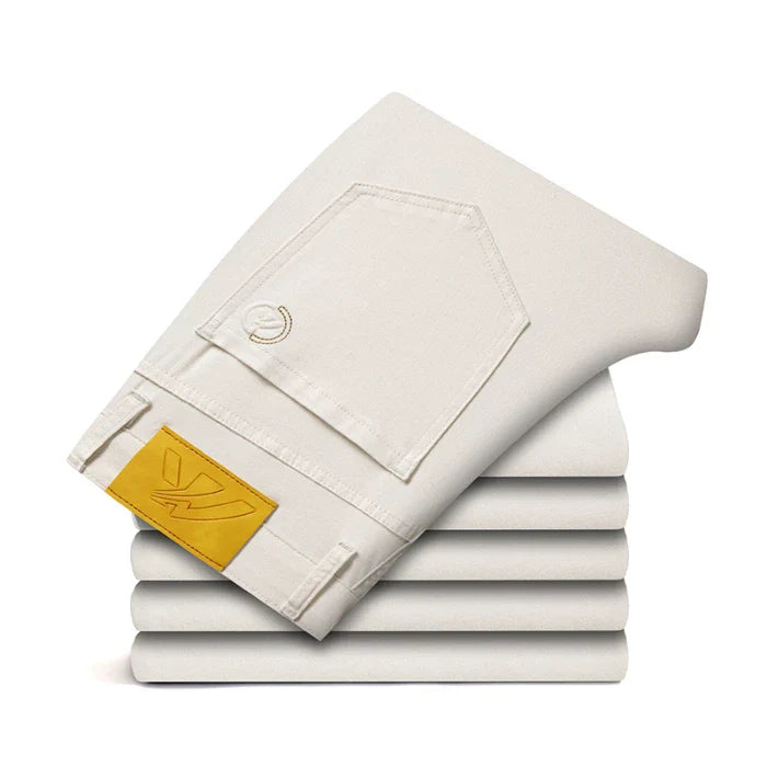 2024 New Men's Khaki White Cotton Stretch Slim Smart Jeans Casual Straight Business Fashion Beige Brand Denim Trousers