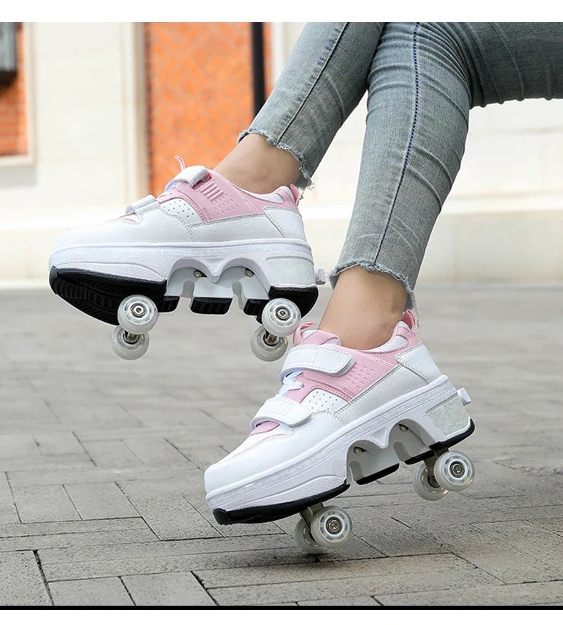 Children Wheels Shoes Roller Sneakers With 4 Wheels Skates Adult Runaway Parkour Deformation Shoes For Women Men Youth Kids Gift