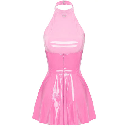 Glossy Patent Leather Glossy Mini A-Line Latex Dress for Womens Swing Skirt Skater Bodycon Mini Dress Rave Disco Party Clubwear