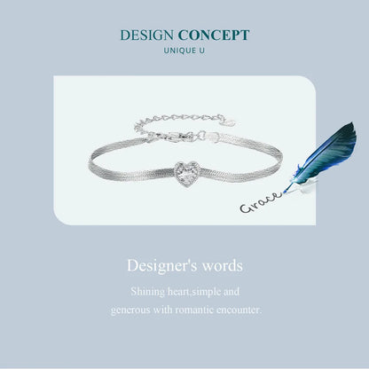 925 Sterling Silver Punk Herringbone Snake Chain Bracelet Heart Blade Chain Link Platinum Plated for Women Fine Jewelry