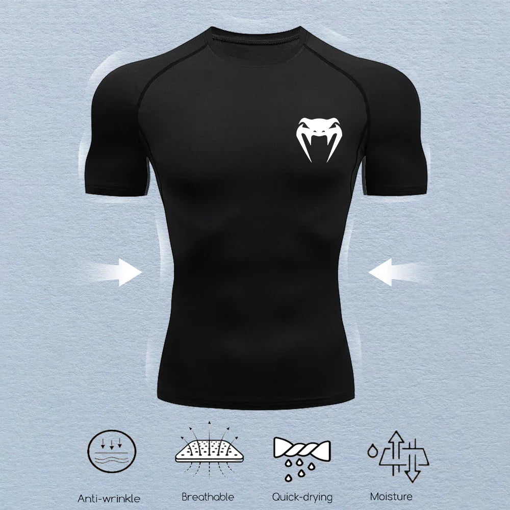 Men's Compression Shirts Fitness Snake Print Gym Shirts Quick Dry Rashguard Short Sleeve Sportswear Jogging Tops Tees Summer