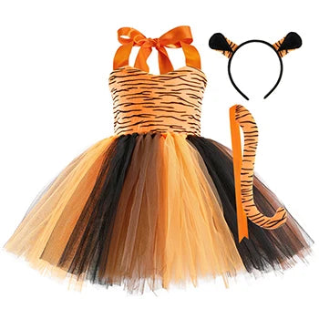 Cute Leopard Tiger Cat Giraffe Tutu Dress For Girls Halloween Animal Cosplay Costume Outfit Kids Christmas Carnival Party Dress