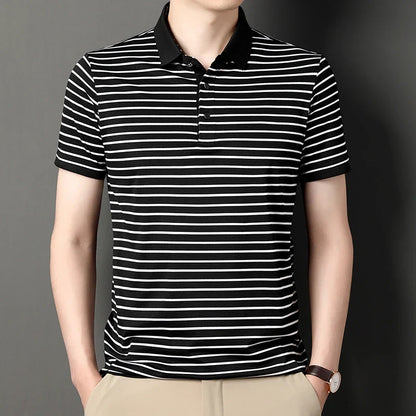 2024 Men's New Striped Cotton Business Casual Short Sleeved POLO Shirt Fashion Short Sleeved Comfortable and Breathable Top