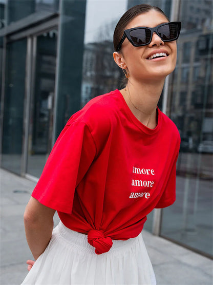 Camiseta Branca Oversized com Estampa Ciao Bella Camiseta Engraçada de Boutique Feminina Verão Algodão Casual Gola Redonda Manga Caída