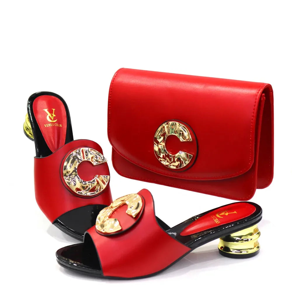 2024 Latest Italian Design Fashion African Women's Low Heel Comfortable Shoes and Bags Set Leather Casual Ladies Slippers