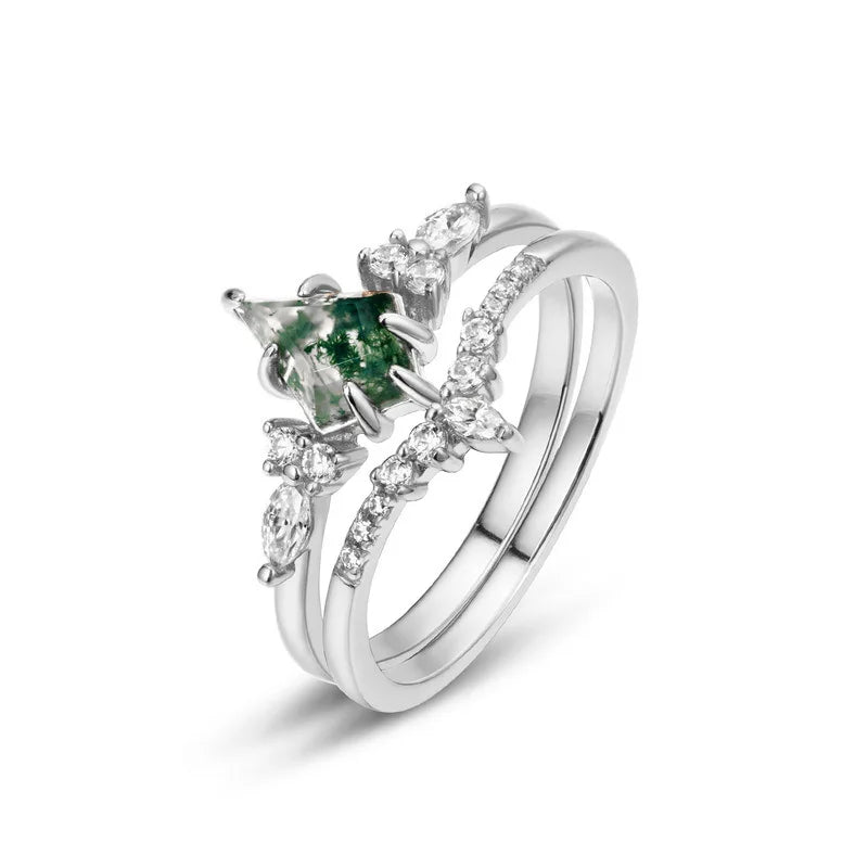 New 6*9mm Moss Agate Ring Set for Women 10k Plated Green Moss Stone Band Wedding Party 100% Real 925 Silver Fine Jewelry