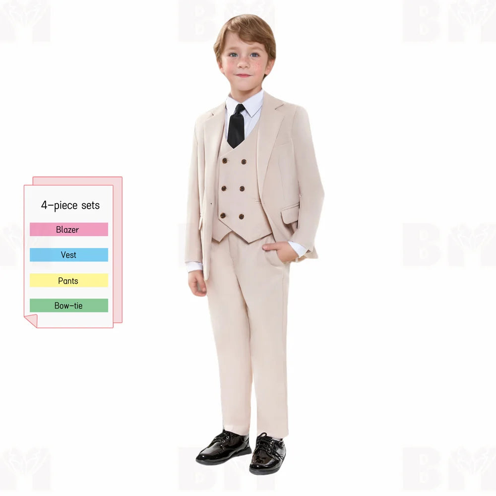 Kids Beige Gentleman Formal Suit Set New British Style Children's Christmas New Year Performance Party Wedding Costume