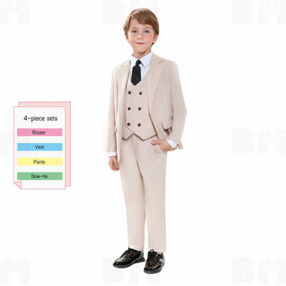 Kids Beige Gentleman Formal Suit Set New British Style Children's Christmas New Year Performance Party Wedding Costume