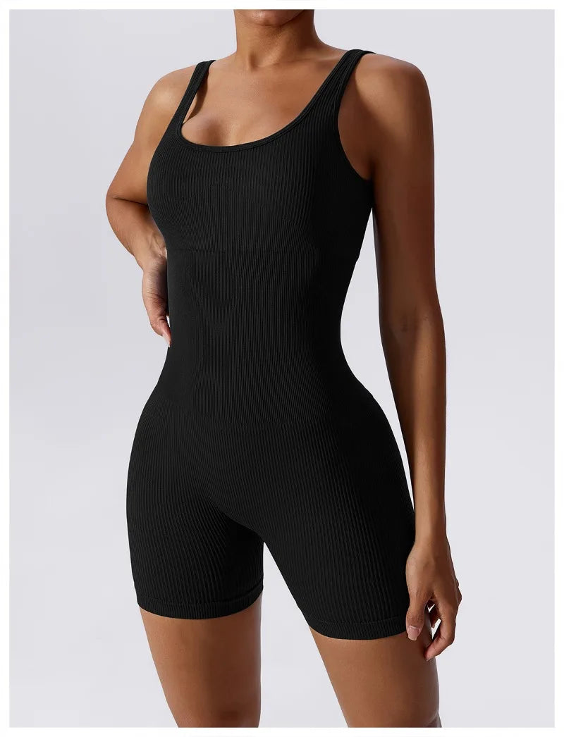 Women's Yoga Rompers One Piece Tummy Control Seamless Ribbed Jumpsuit Padded Sports Bra Workout Romper Fashion Fitness Sportwear