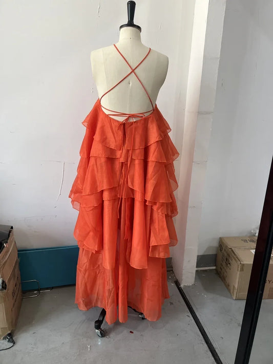 3d Floral Maxi Dress Loose Pleated Hem Halter Robes Sleeveless Ruffles Edge Party Vestidos Lady Summer Gown Clothes